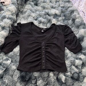 Aqua Black Ruched Button-Front Puff Sleeve Crop Top